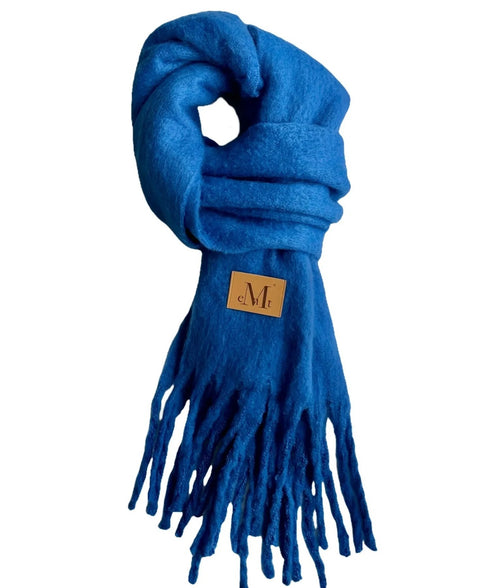 MUCENT(ムセント)/ボリューム フリンジ マフラー ロゴパッチ付き/SIGNATURE MUFFLER | AT6254043 | ブルー