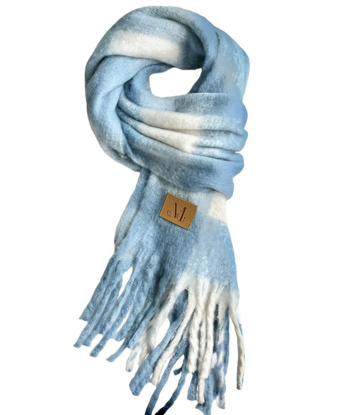 MUCENT(ムセント)/ボリューム フリンジ マフラー ロゴパッチ付き/SIGNATURE MUFFLER | AT6254043 | ブルー系その他