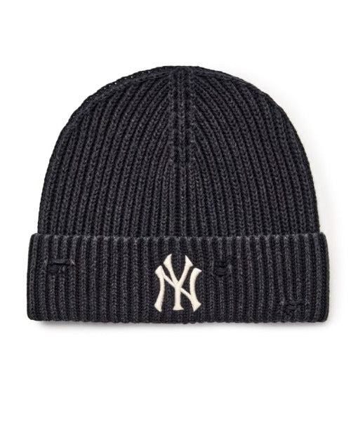 MLB KOREA(エムエルビーコリア)/ヴィンテージ ロゴ ダメージ ビーニー ニット帽/Vintage basic mid beanie | AT5254049 | ブラック
