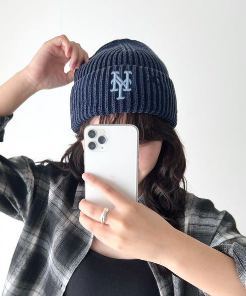 MLB KOREA(エムエルビーコリア)/ヴィンテージ ロゴ ダメージ ビーニー ニット帽/Vintage basic mid beanie | AT5254049 | ネイビー