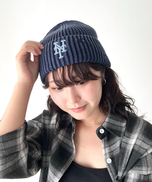 MLB KOREA(エムエルビーコリア)/ヴィンテージ ロゴ ダメージ ビーニー ニット帽/Vintage basic mid beanie | AT5254049 | ネイビー