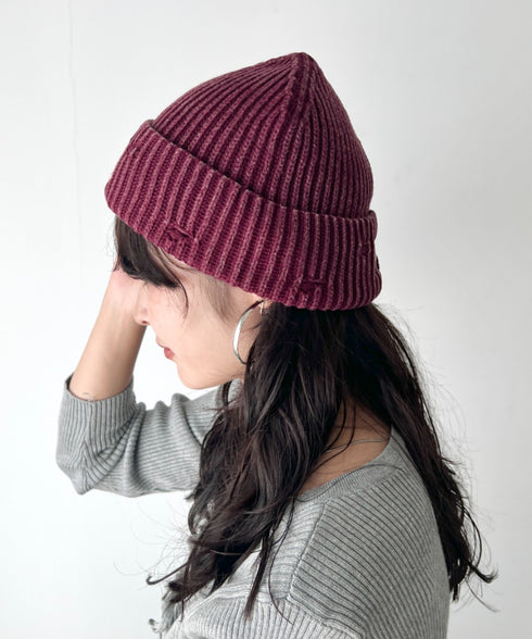 MLB KOREA(エムエルビーコリア)/ヴィンテージ ロゴ ダメージ ビーニー ニット帽/Vintage basic mid beanie | AT5254049 | ワインレッド