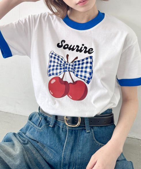 チェリーリボン半袖リンガーTシャツ | SL2252019 | ブルー