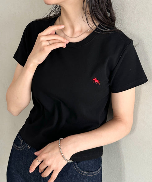 POLOCHAMPS(ポロチャンプス)/無地 ワンポイント刺繍 クロップド丈 短丈 クルーネック/カラー刺繍Tシャツ | IM2262031 | ブラック