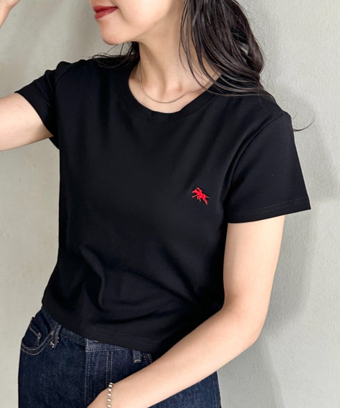 POLOCHAMPS(ポロチャンプス)/無地 ワンポイント刺繍 クロップド丈 短丈 クルーネック/カラー刺繍Tシャツ | IM2262031 | ブラック