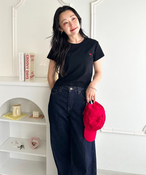 POLOCHAMPS(ポロチャンプス)/無地 ワンポイント刺繍 クロップド丈 短丈 クルーネック/カラー刺繍Tシャツ | IM2262031 | ブラック