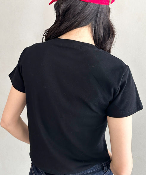 POLOCHAMPS(ポロチャンプス)/無地 ワンポイント刺繍 クロップド丈 短丈 クルーネック/カラー刺繍Tシャツ | IM2262031 | ブラック