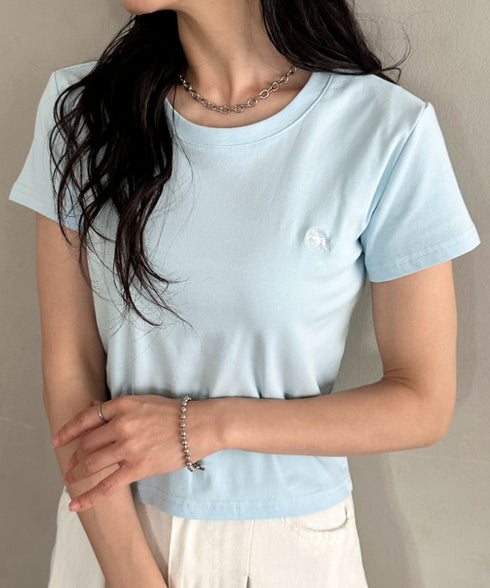 POLOCHAMPS(ポロチャンプス)/無地 ワンポイント刺繍 クロップド丈 短丈 クルーネック/カラー刺繍Tシャツ | IM2262031 | サックスブルー