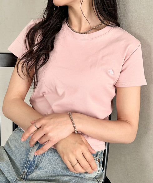 POLOCHAMPS(ポロチャンプス)/無地 ワンポイント刺繍 クロップド丈 短丈 クルーネック/カラー刺繍Tシャツ | IM2262031 | ピンク