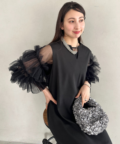 袖ボリュームフリルシアーレイヤード　V ネックロングワンピース パーティードレス 結婚式 お呼ばれ オケージョンドレス | MD2265026 | ブラック