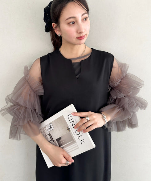 袖ボリュームフリルシアーレイヤード　V ネックロングワンピース パーティードレス 結婚式 お呼ばれ オケージョンドレス | MD2265026 | ブラック系その他