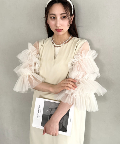 袖ボリュームフリルシアーレイヤード　V ネックロングワンピース パーティードレス 結婚式 お呼ばれ オケージョンドレス | MD2265026 | アイボリー
