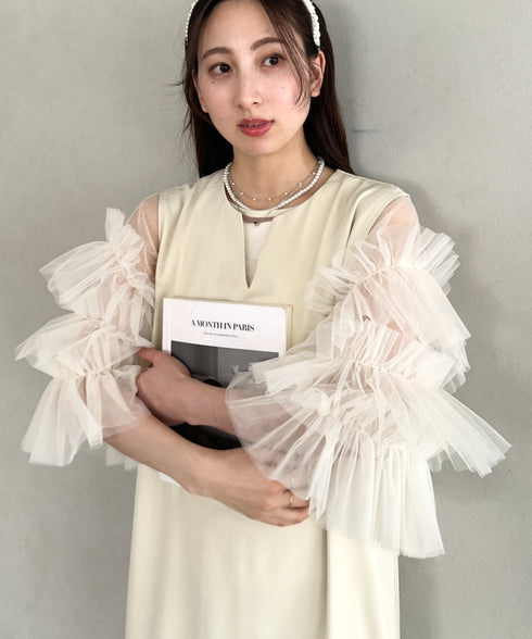 袖ボリュームフリルシアーレイヤード　V ネックロングワンピース パーティードレス 結婚式 お呼ばれ オケージョンドレス | MD2265026 | アイボリー