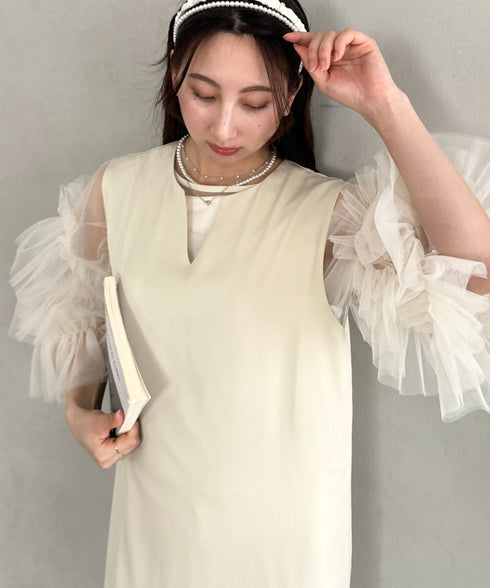 袖ボリュームフリルシアーレイヤード　V ネックロングワンピース パーティードレス 結婚式 お呼ばれ オケージョンドレス | MD2265026 | アイボリー