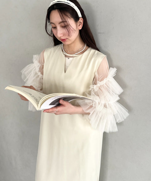 袖ボリュームフリルシアーレイヤード　V ネックロングワンピース パーティードレス 結婚式 お呼ばれ オケージョンドレス | MD2265026 | アイボリー