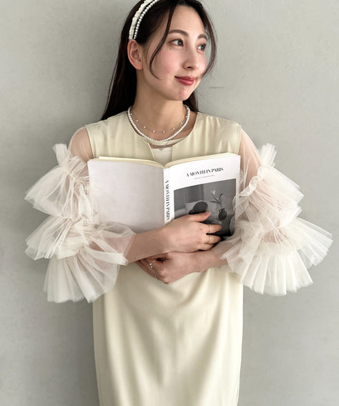 袖ボリュームフリルシアーレイヤード　V ネックロングワンピース パーティードレス 結婚式 お呼ばれ オケージョンドレス | MD2265026 | アイボリー