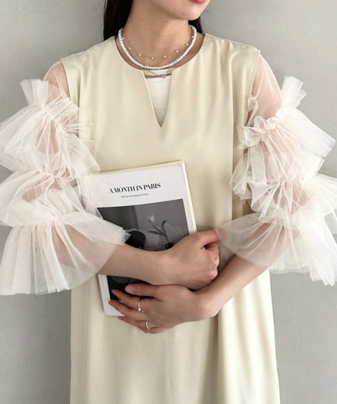 袖ボリュームフリルシアーレイヤード　V ネックロングワンピース パーティードレス 結婚式 お呼ばれ オケージョンドレス | MD2265026 | アイボリー