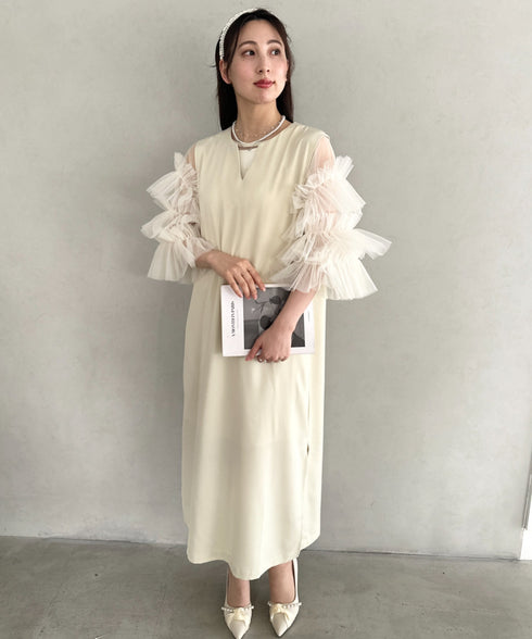 袖ボリュームフリルシアーレイヤード　V ネックロングワンピース パーティードレス 結婚式 お呼ばれ オケージョンドレス | MD2265026 | アイボリー