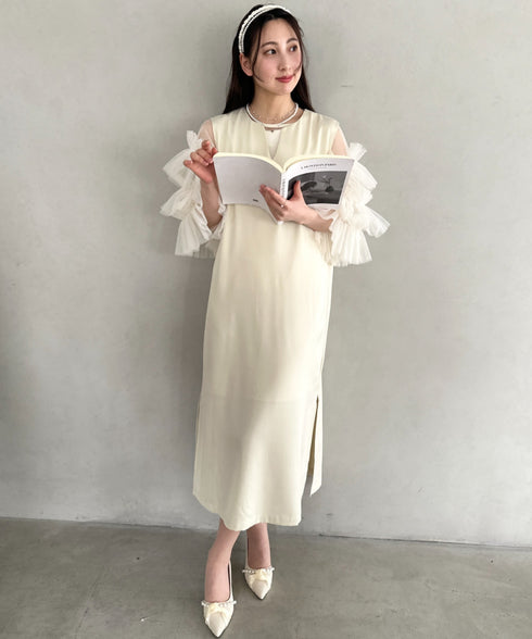 袖ボリュームフリルシアーレイヤード　V ネックロングワンピース パーティードレス 結婚式 お呼ばれ オケージョンドレス | MD2265026 | アイボリー