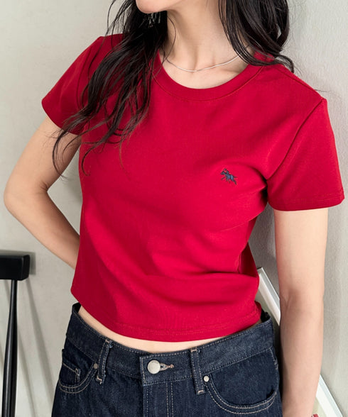 POLOCHAMPS(ポロチャンプス)/無地 ワンポイント刺繍 クロップド丈 短丈 クルーネック/カラー刺繍Tシャツ | IM2262031 | ワインレッド