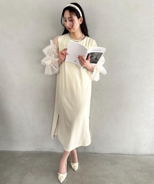 袖ボリュームフリルシアーレイヤード　V ネックロングワンピース パーティードレス 結婚式 お呼ばれ オケージョンドレス | MD2265026 | アイボリー