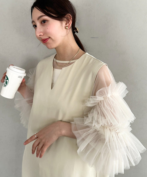 袖ボリュームフリルシアーレイヤード　V ネックロングワンピース パーティードレス 結婚式 お呼ばれ オケージョンドレス | MD2265026 | アイボリー
