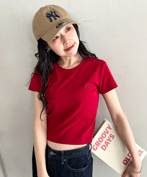 POLOCHAMPS(ポロチャンプス)/無地 ワンポイント刺繍 クロップド丈 短丈 クルーネック/カラー刺繍Tシャツ | IM2262031 | ワインレッド