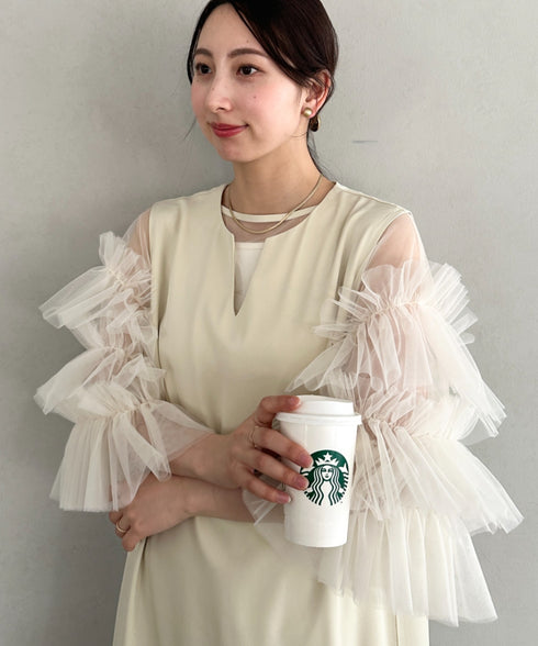 袖ボリュームフリルシアーレイヤード　V ネックロングワンピース パーティードレス 結婚式 お呼ばれ オケージョンドレス | MD2265026 | アイボリー