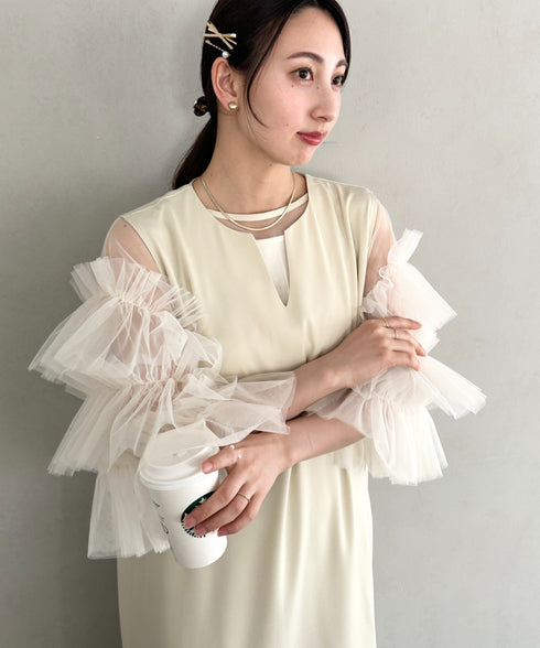 袖ボリュームフリルシアーレイヤード　V ネックロングワンピース パーティードレス 結婚式 お呼ばれ オケージョンドレス | MD2265026 | アイボリー
