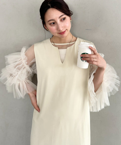 袖ボリュームフリルシアーレイヤード　V ネックロングワンピース パーティードレス 結婚式 お呼ばれ オケージョンドレス | MD2265026 | アイボリー