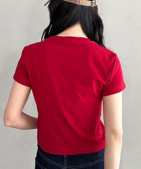 POLOCHAMPS(ポロチャンプス)/無地 ワンポイント刺繍 クロップド丈 短丈 クルーネック/カラー刺繍Tシャツ | IM2262031 | ワインレッド