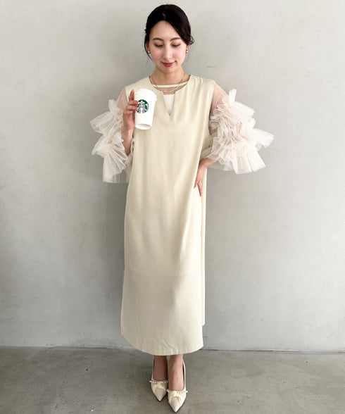 袖ボリュームフリルシアーレイヤード　V ネックロングワンピース パーティードレス 結婚式 お呼ばれ オケージョンドレス | MD2265026 | アイボリー