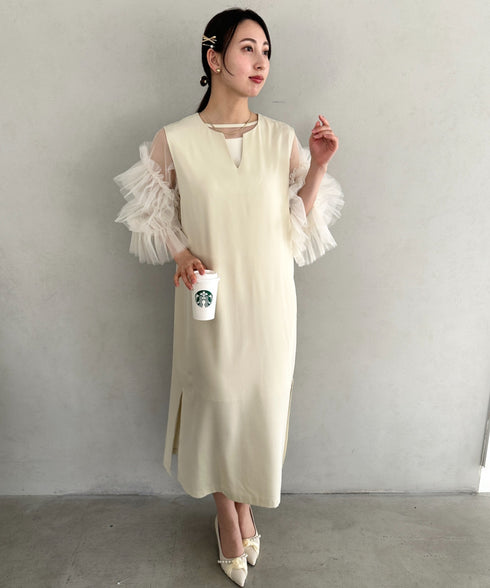 袖ボリュームフリルシアーレイヤード　V ネックロングワンピース パーティードレス 結婚式 お呼ばれ オケージョンドレス | MD2265026 | アイボリー